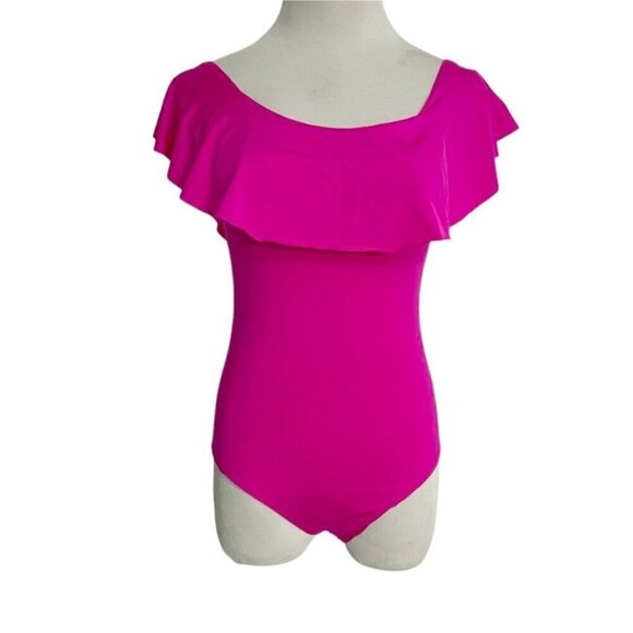 Trina Turk Size 2  One Piece Off The Shoulder Bathing Suit Swimwear Ruffle - Picture 2 of 9